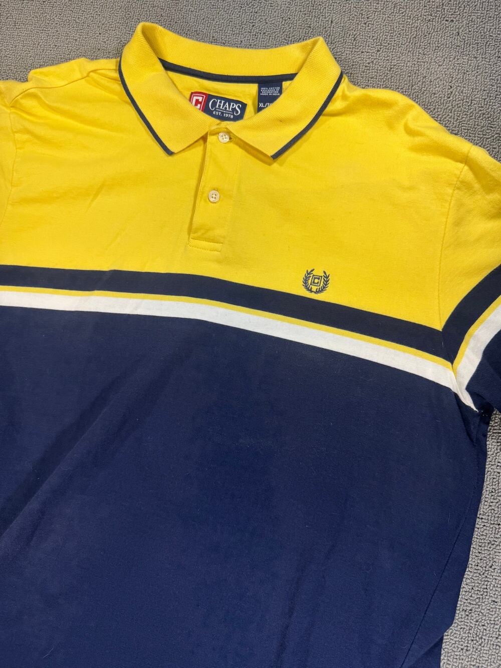 Y2K Chaps Men's XL Yellow Navy Blue Colorblock Polo Shirt Retro 100% Cotton